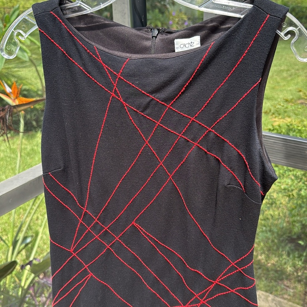Cache Black sleeveless dress with red stitch work size 6